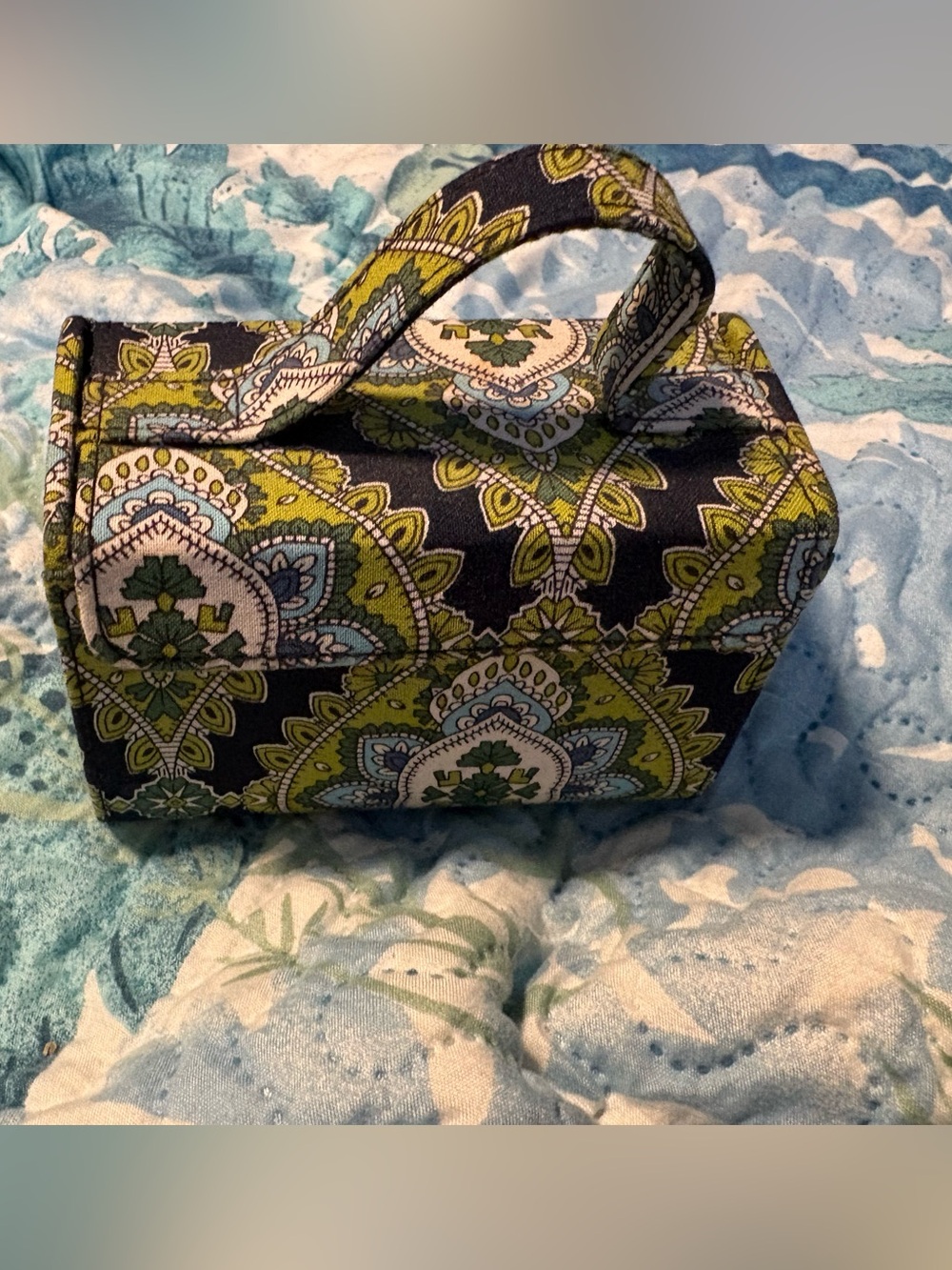 Vera Bradley Patterned Fabric Jewelry storage- Green & Navy Print